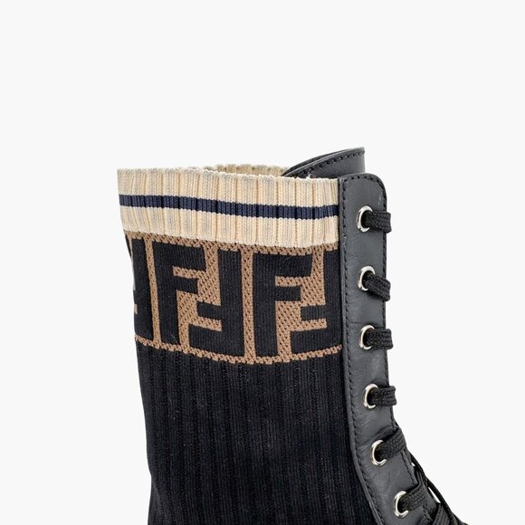 Fendi Rockoko Combat Boots EU 42 US 12 Black Leather FF Zucca Lace Up Sock - Picture 10 of 14